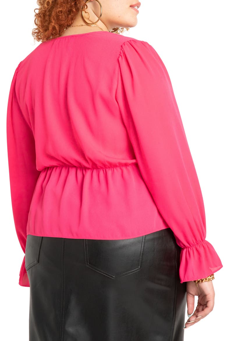 Tie Front Long Sleeve Peplum Blouse, Alternate, color, BRIGHT PINK