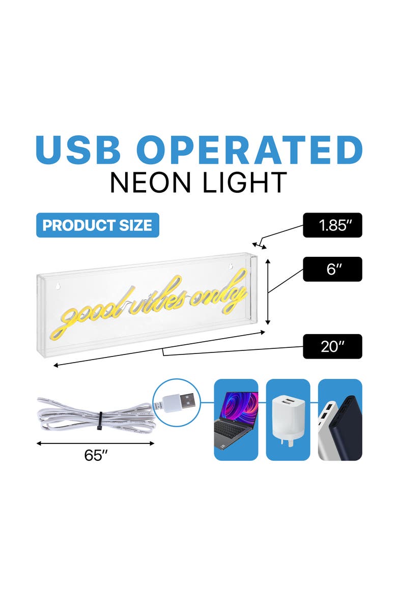 Good Vibes Only 20" X 6" Contemporary Glam Acrylic Box USB Operated LED Neon Light, Yellow, Alternate, color, Yellow