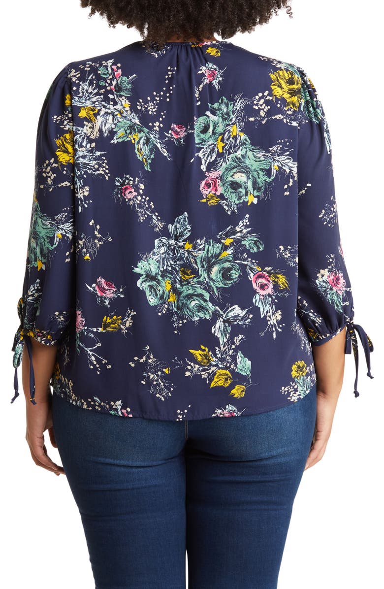 Renee C Floral Print Tie Cuff Blouse, Alternate, color, Navy