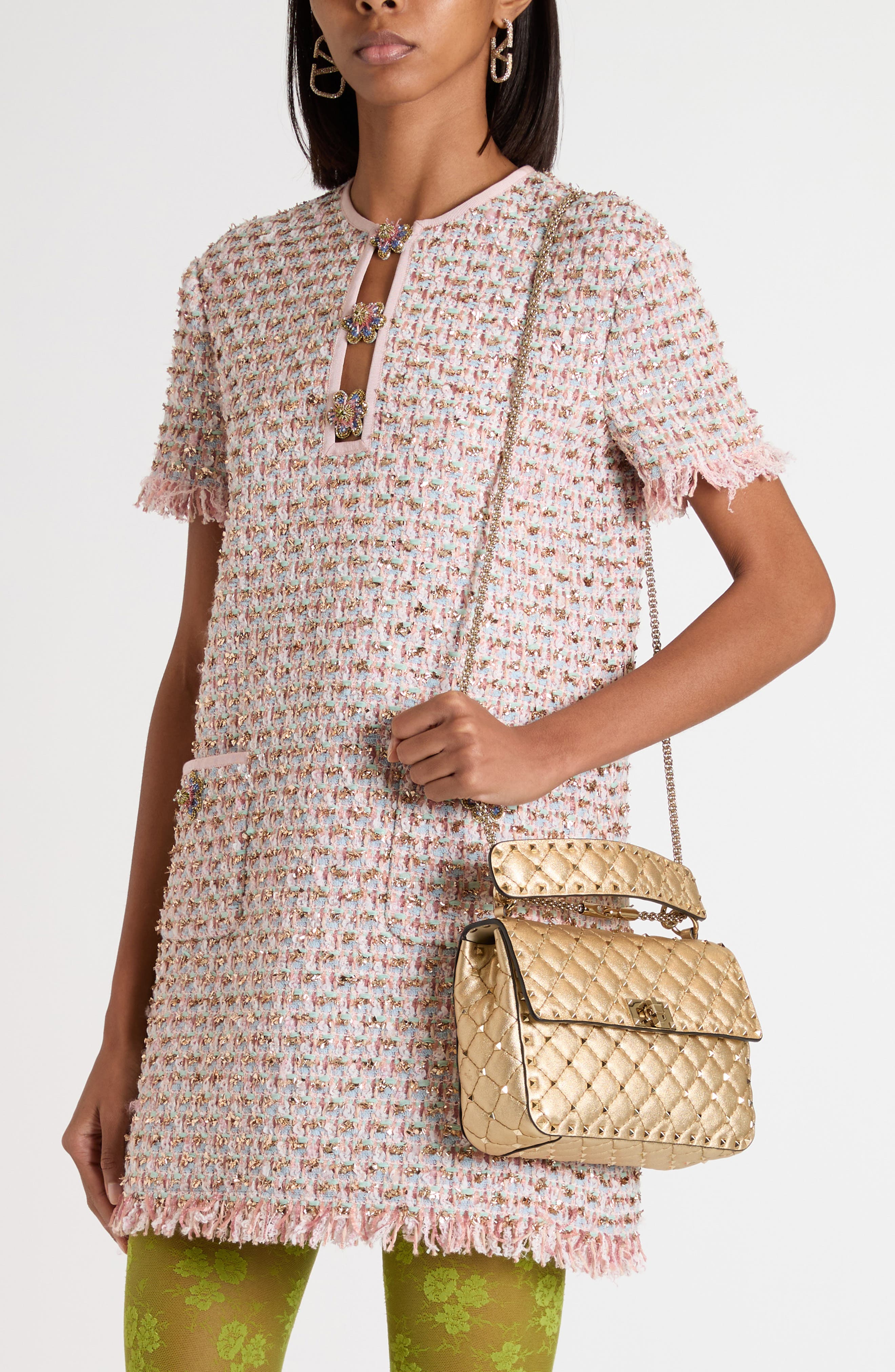 Valentino Garavani Medium Rockstud Spike Quilted Metallic Leather Shoulder Bag, Alternate, color, Metallic Mekong