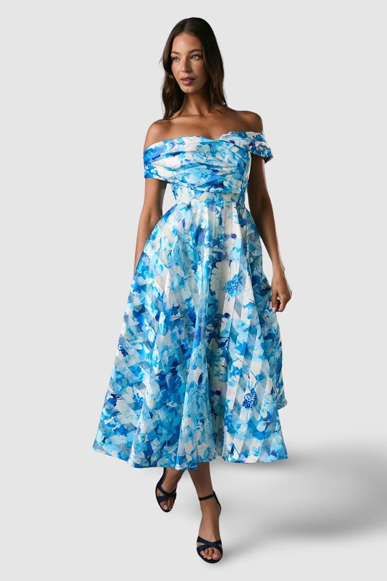floral off shoulder midi dress Floral Lace-Up Off-Shoulder Midi Dress