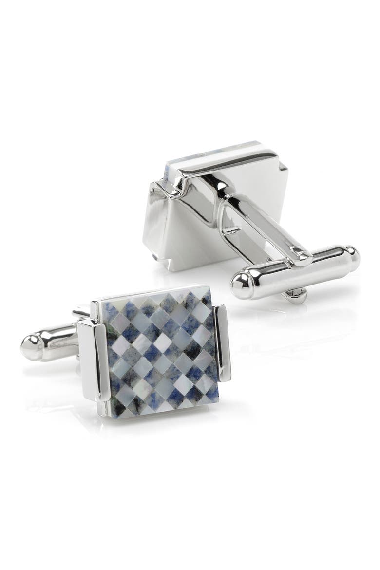 Mother-of-Pearl Checkered Cuff Links, Alternate, color, BLUE