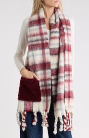 Steve Madden Plaid Scarf with Faux Fur Pockets