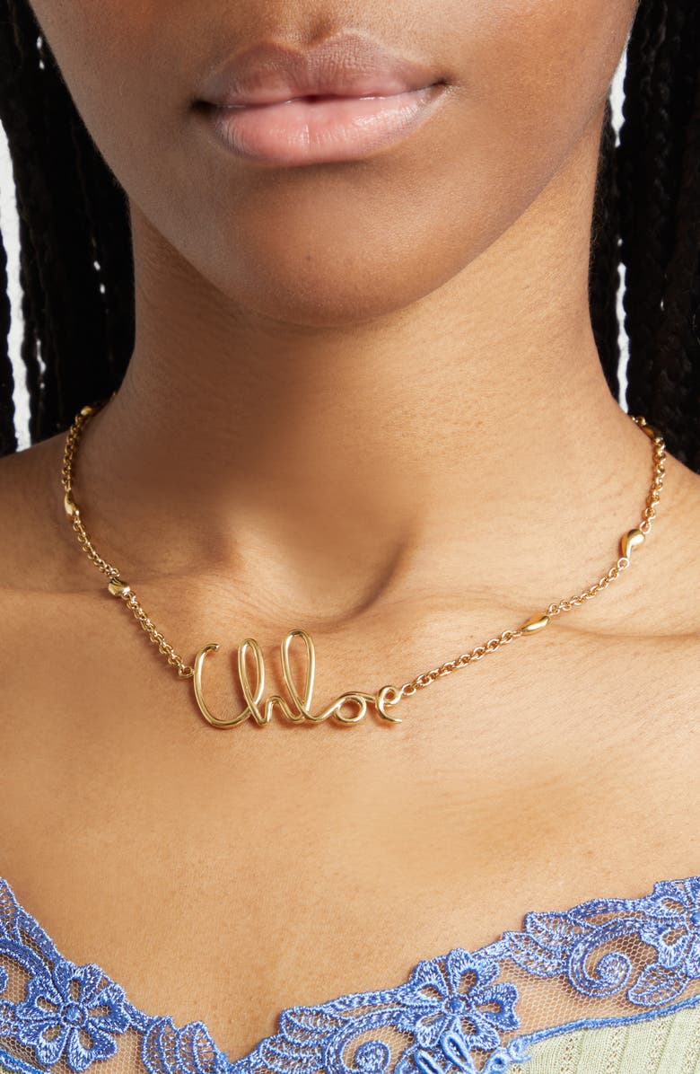 Chloé Script Logo Necklace, Alternate, color, Vintage Gold