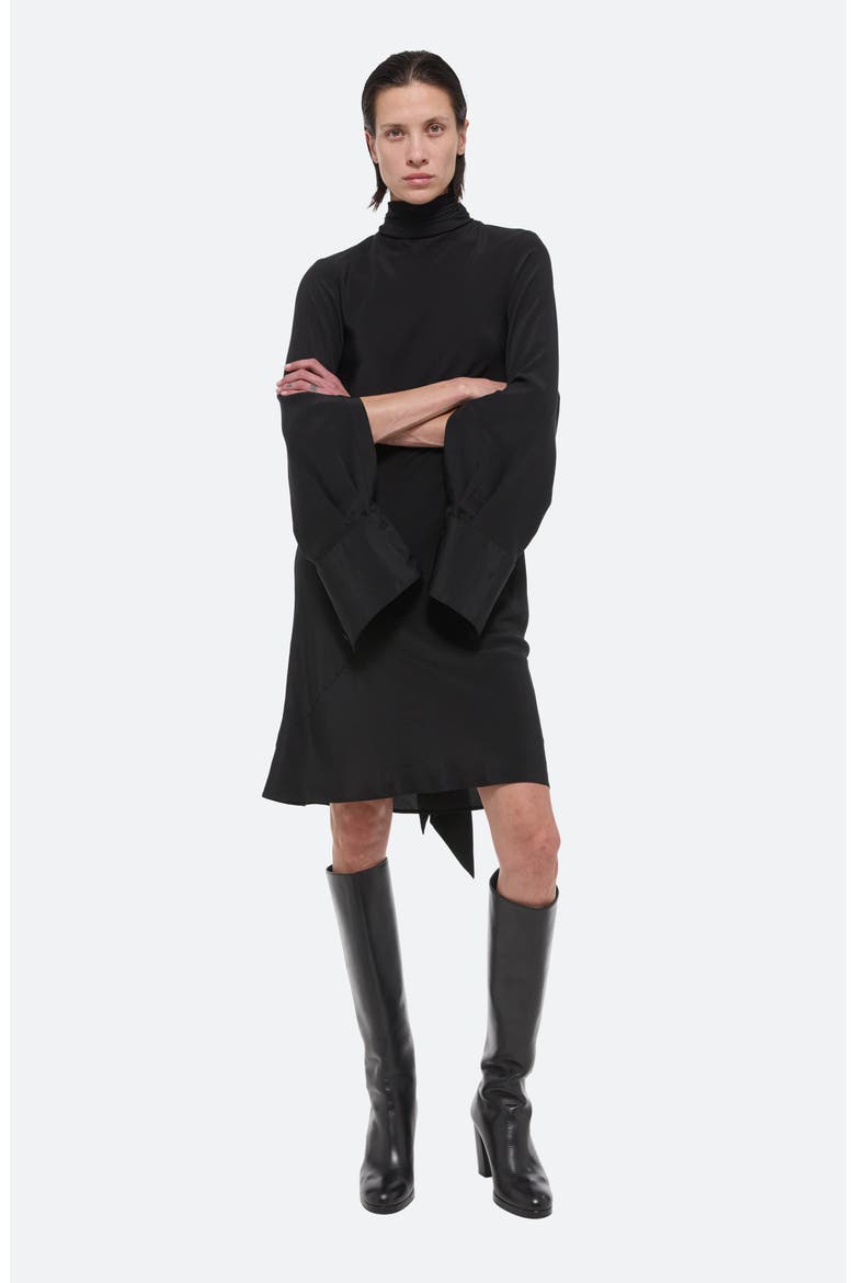 Scarf Neck Long Sleeve Silk Dress, Alternate, color, BLK