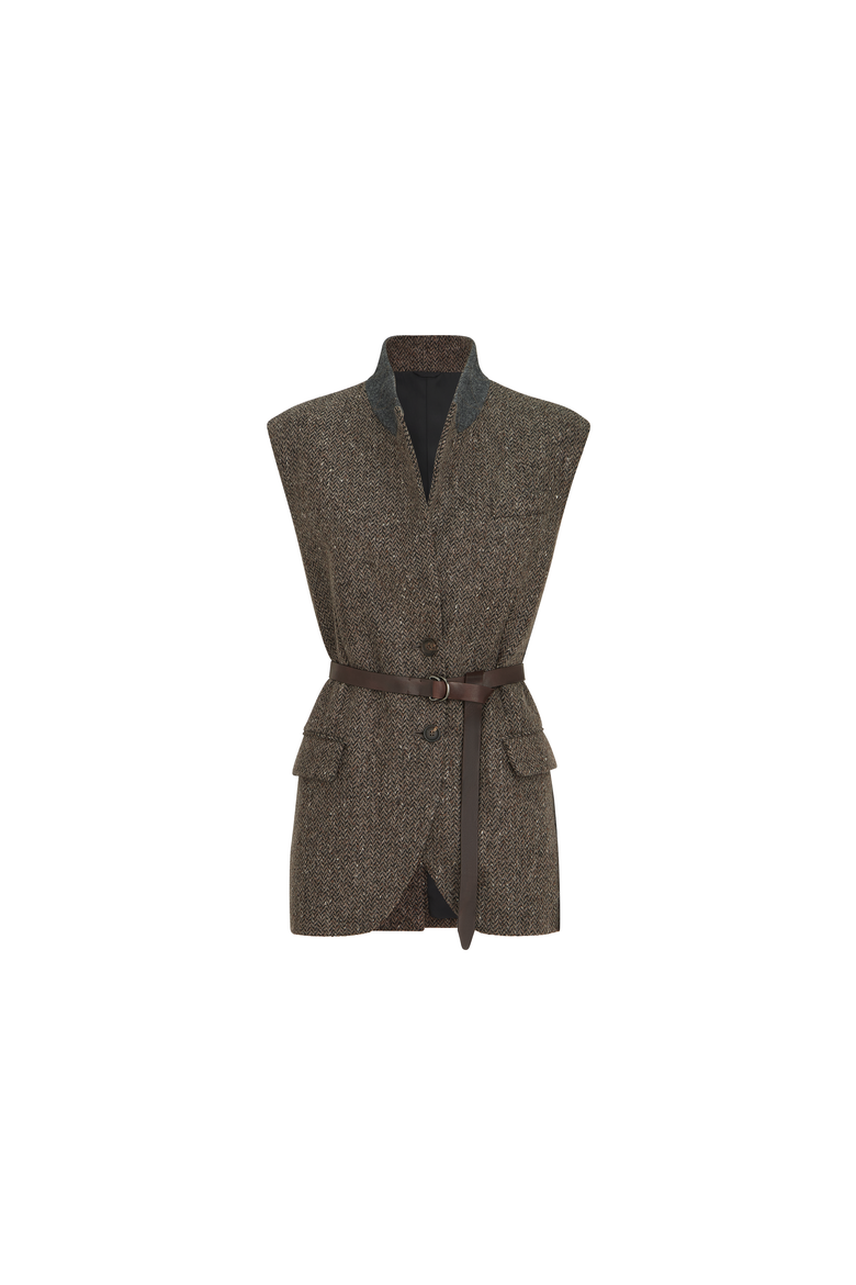 Sparkling virgin wool chevron vest with leather belt and monili, Alternate, color, Pine Cone Brown