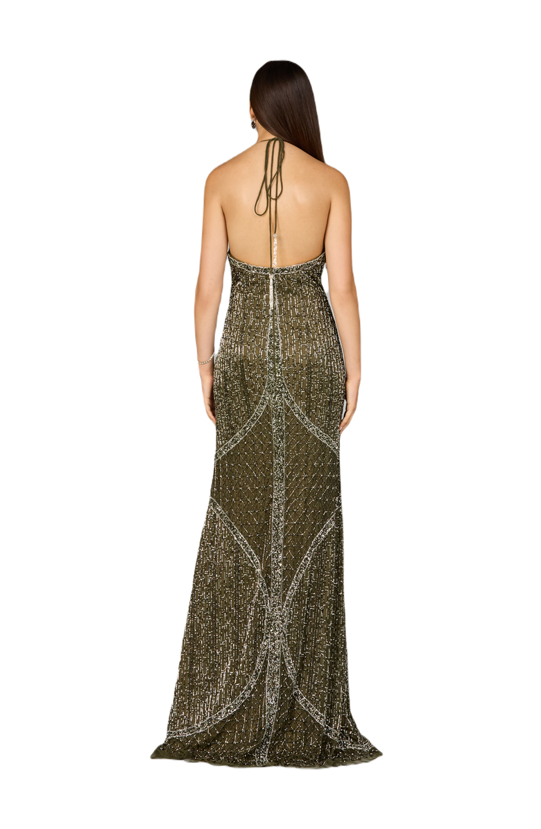 LARA New York Symmetrical Halter Neck Beaded Gown, Alternate, color, Olive