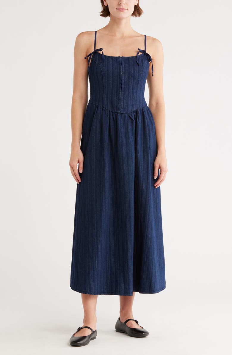 Blu Pepper Tie Strap Denim Fit & Flare Midi Dress, Main, color, Denim