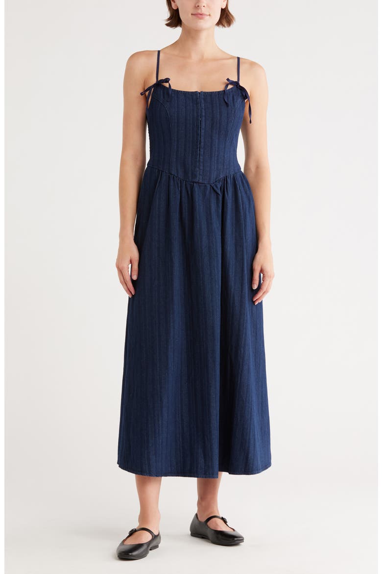 fit and flare denim midi dress Abercrombie & Fitch square neck fit & flare paneled denim midi dress in indigo wash