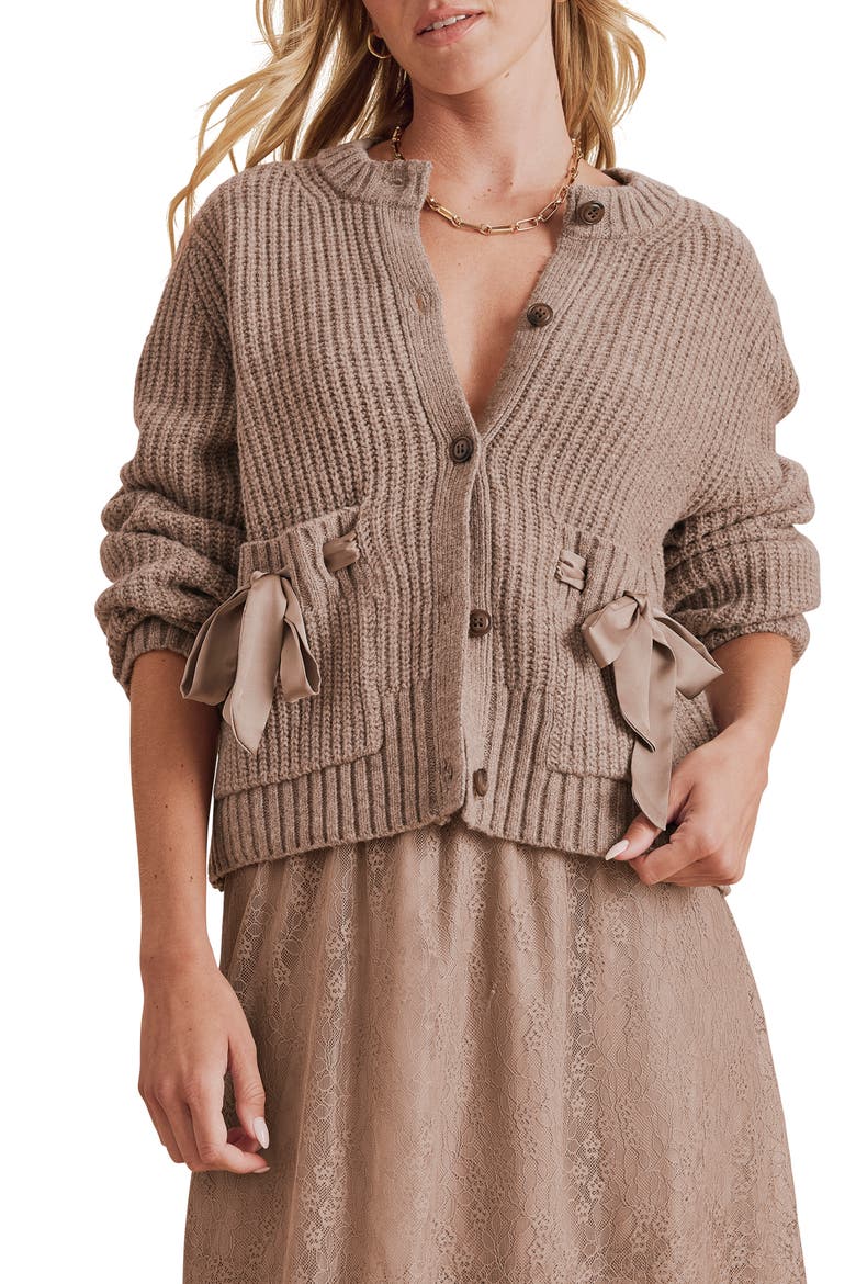 Selena Bow Packet Cardigan, Main, color, HEATHER JAVA BROWN