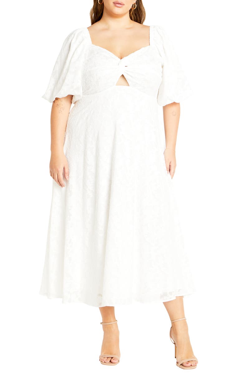 City Chic Inez Floral Cutout Puff Sleeve Dress, Main, color, Ivory