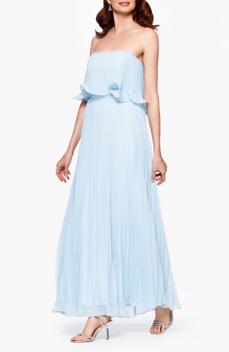 Betsy & Adam Pleated Strapless Chiffon Gown, Alternate, color, Aqua