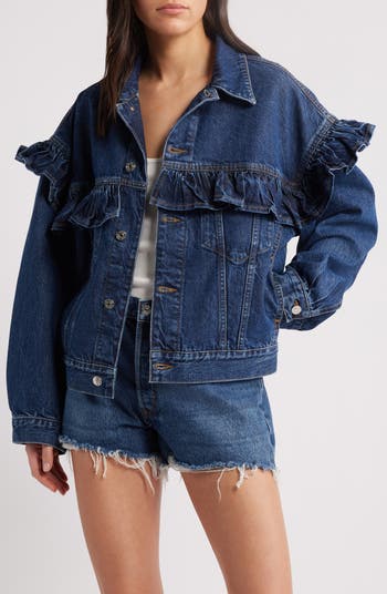 MARZXIN Womens Pocket Raw Hem Ruffle Denim Jackets Button