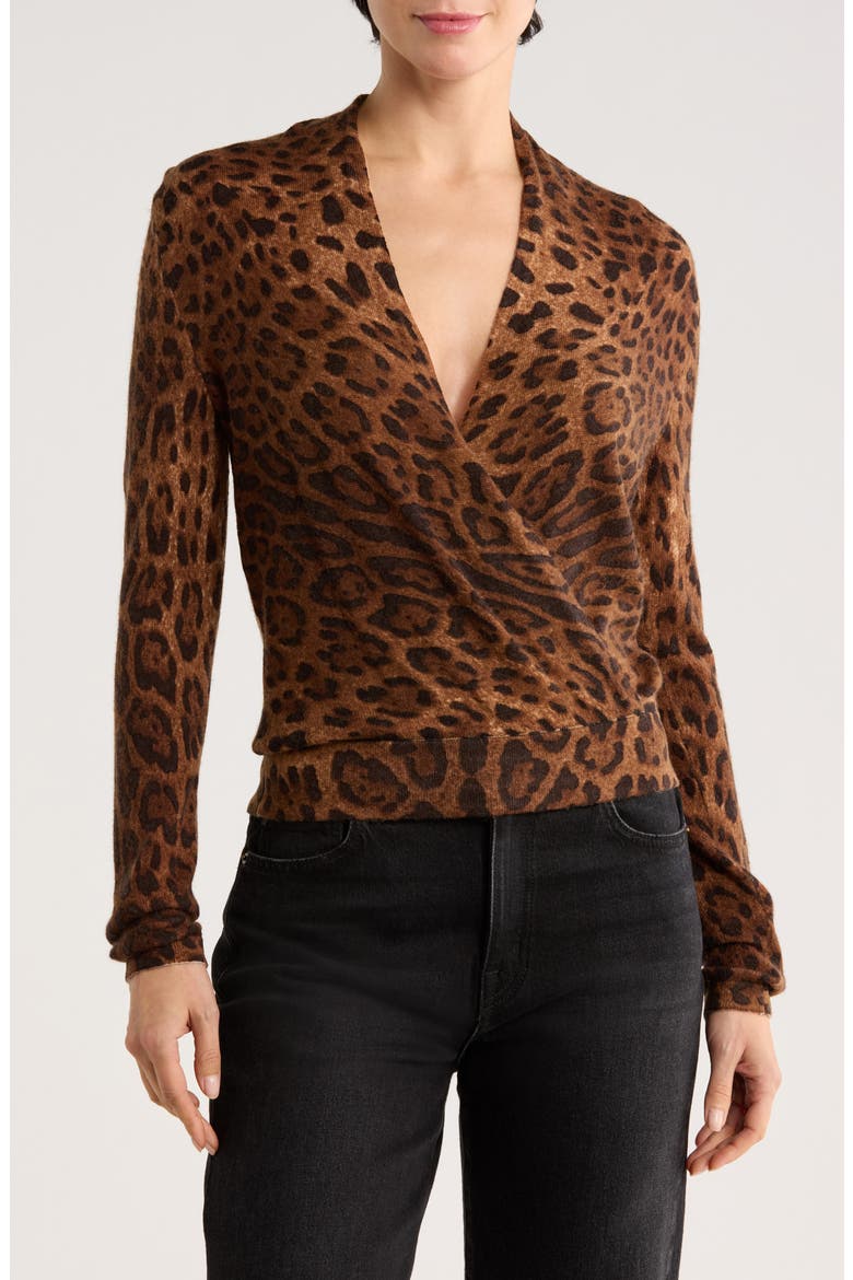 Leopard Print Faux Wrap Wool Cashmere Blend Sweater, Main, color, BRN