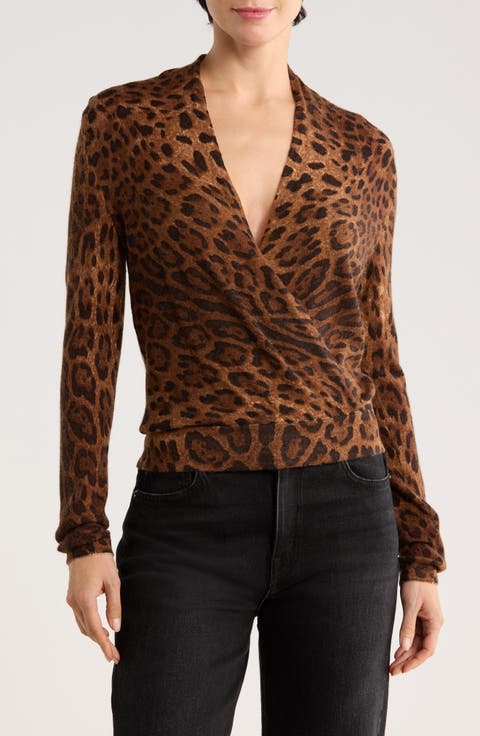Leopard Print Faux Wrap Wool Cashmere Blend Sweater