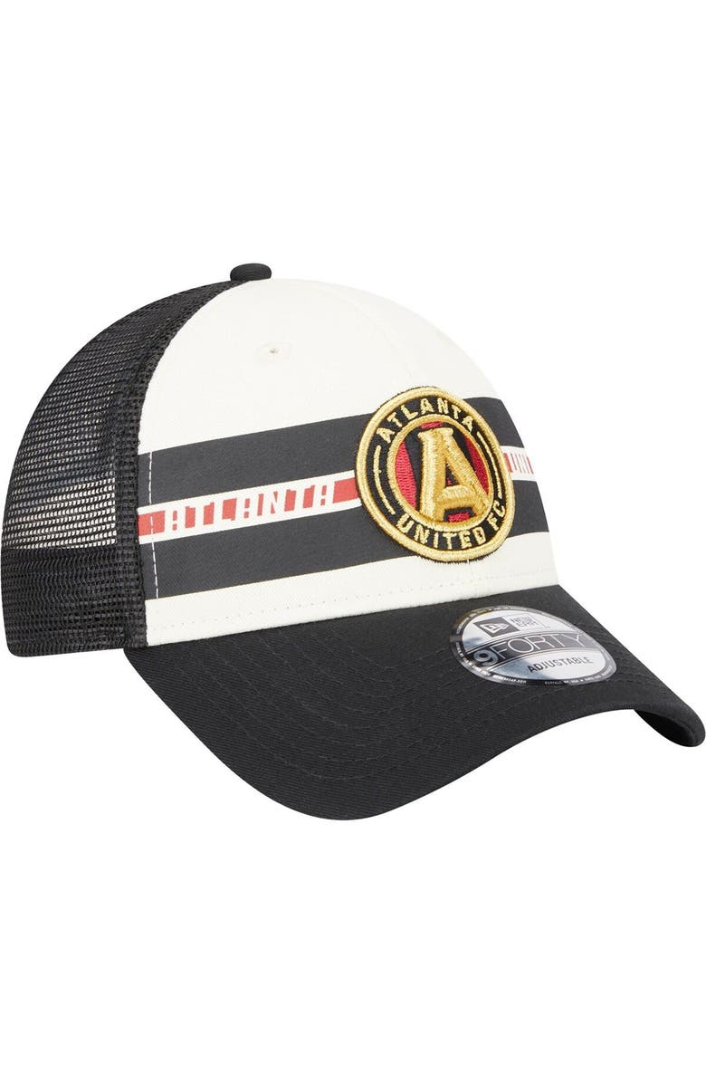 New Era Men's New Era White/Black Atlanta United FC Team Stripes 9FORTY Trucker Snapback Hat, Alternate, color, White