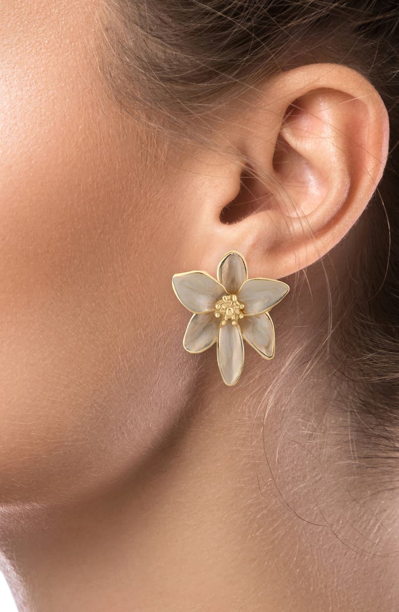 JARDIN Iris Floral Enamel Statement Earrings, Alternate, color, White/ Gold