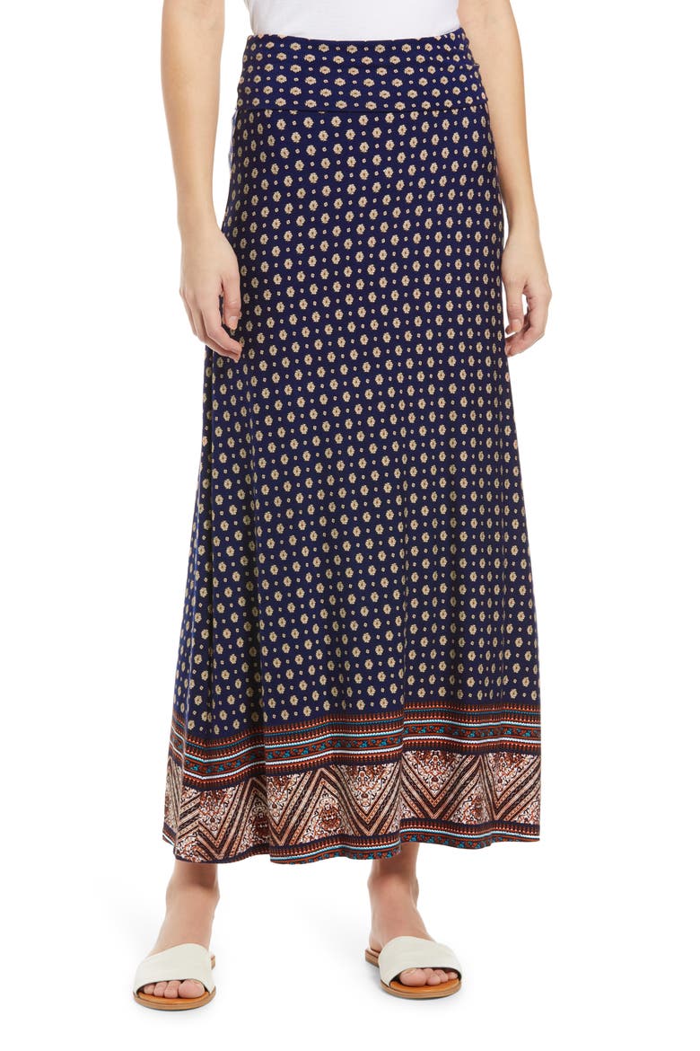 Border Print Roll Top Maxi Skirt, Main, color, NAVY/ TOMATO