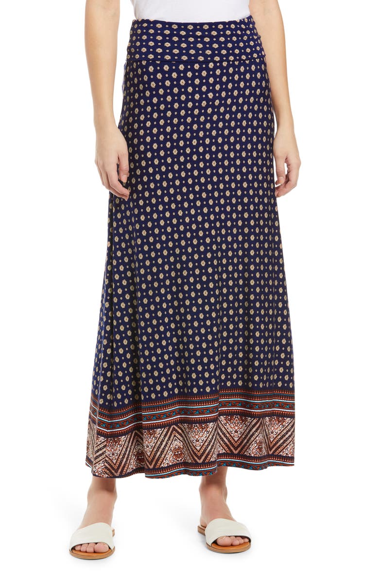 Loveappella Border Print Roll Top Maxi Skirt, Main, color,