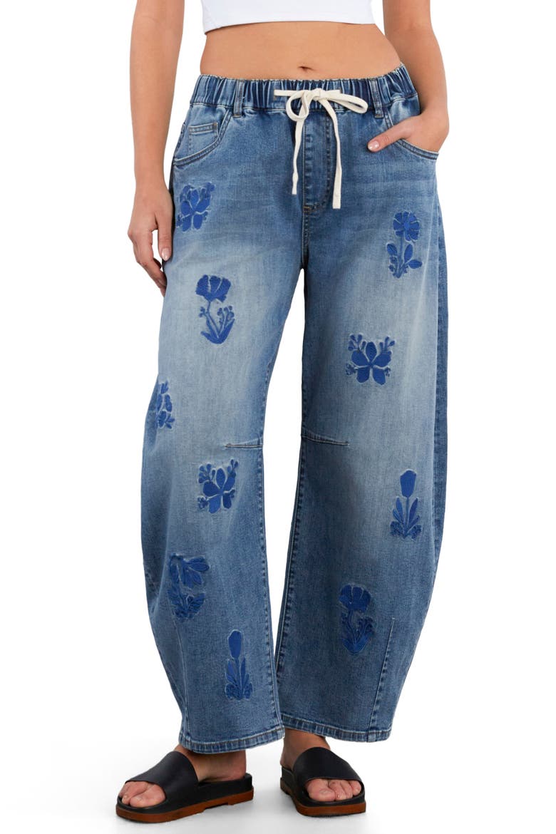 Embroidered Barrel Leg Drawstring Jeans, Main, color, ATLAS BLUE