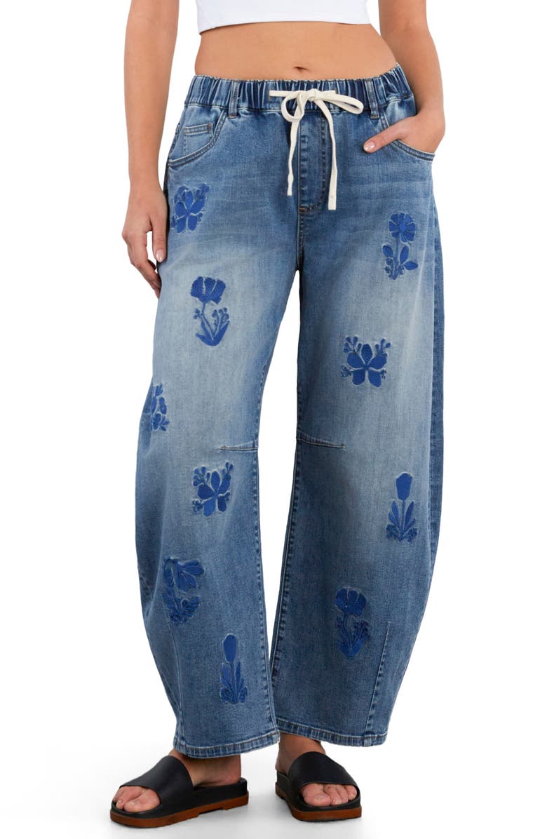 HINT OF BLU Embroidered Barrel Leg Drawstring Jeans, Main, color, 