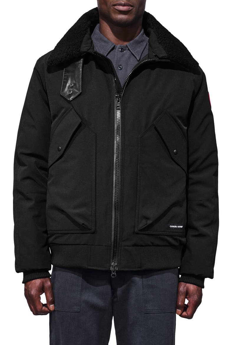 Bromley Slim Fit Down Bomber Jacket with Genuine Shearling Collar, Main, color, BLACK