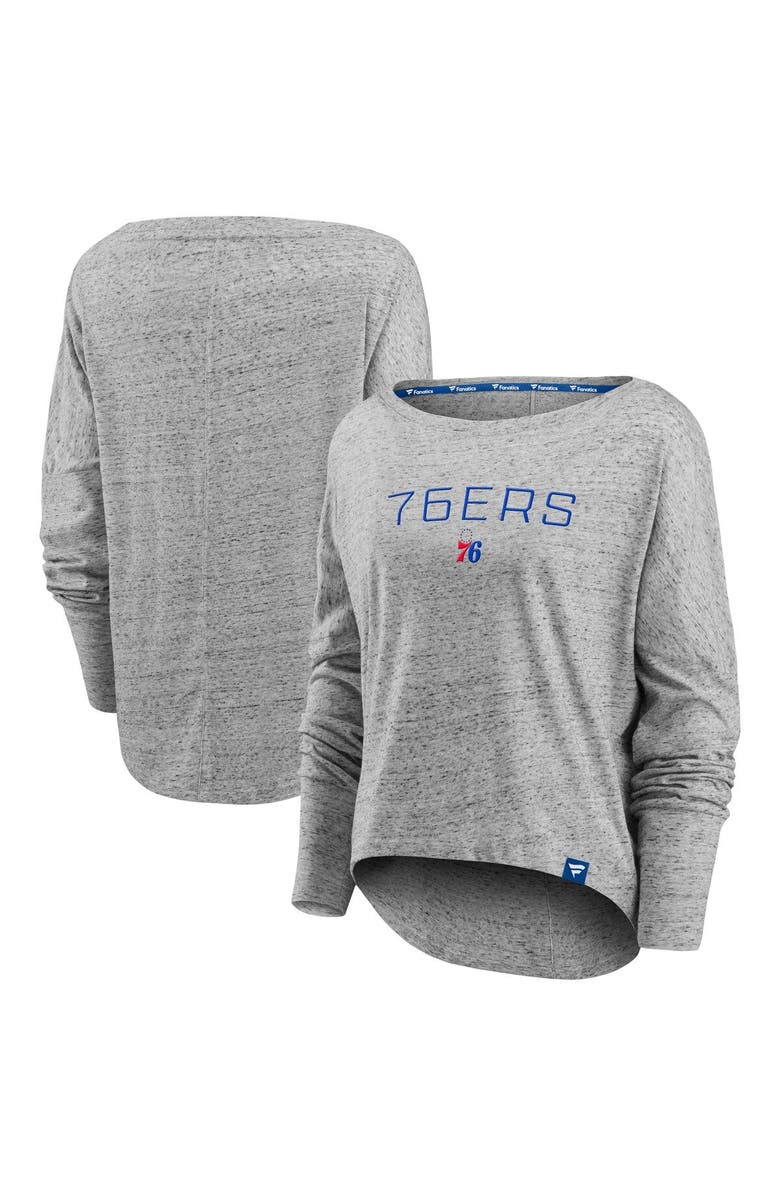 FANATICS Women's Fanatics Branded Heathered Gray Philadelphia 76ers Nostalgia Off-The-Shoulder Long Sleeve T-Shirt, Alternate, color, Heather Gray