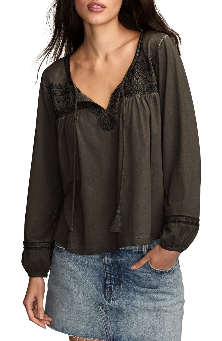 Lucky Brand Embroidered Cotton Peasant Top, Main, color, Raven