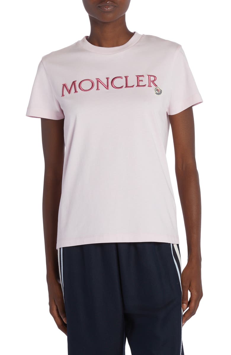 Moncler Embroidered Logo Cotton Crewneck T-Shirt, Main, color, Pink