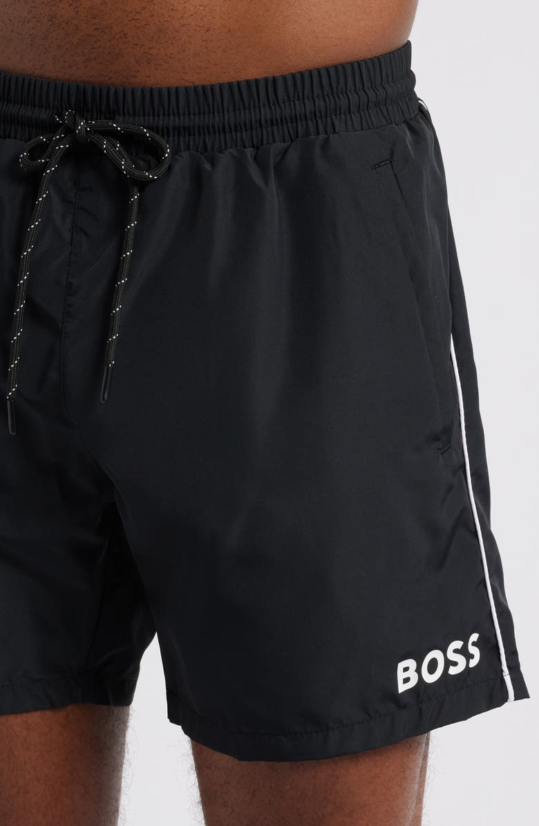 BOSS Starfish Logo Graphic Swim Trunks, Alternate, color, Black