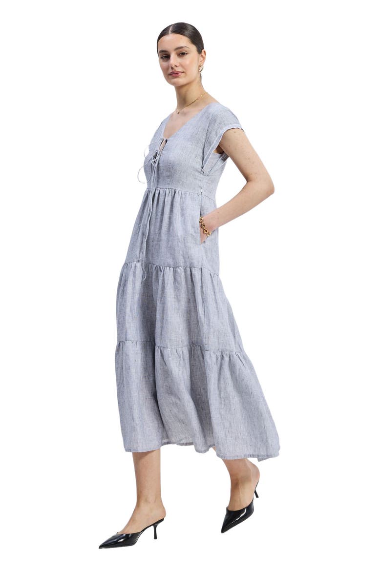 Gathered Tiered Dress with Front-ties Linen stripes, Alternate, color, Pin Striped Linen