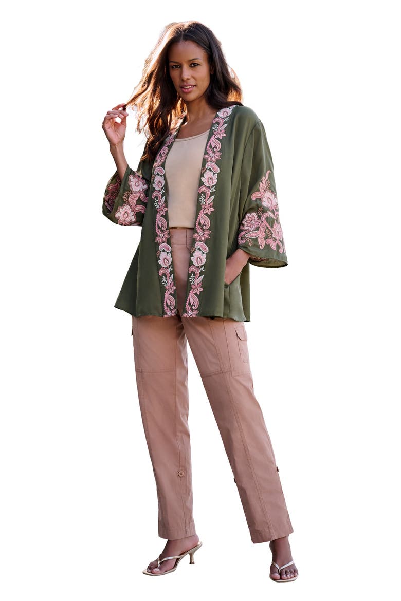Plus Size Georgette Embroidered Wrap Sleeve Jacket, Main, color, DARK OLIVE PAISLEY VINE