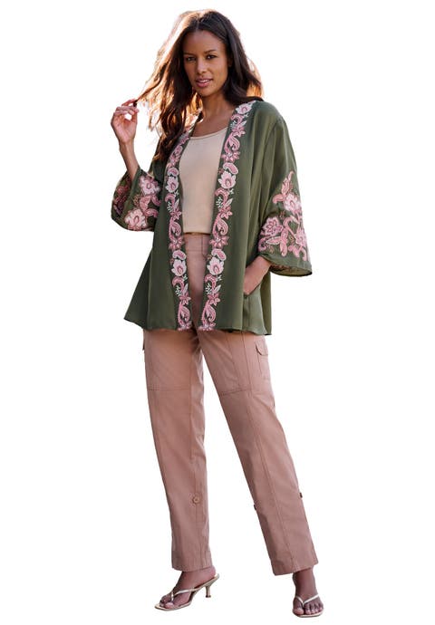Plus Size Georgette Embroidered Wrap Sleeve Jacket