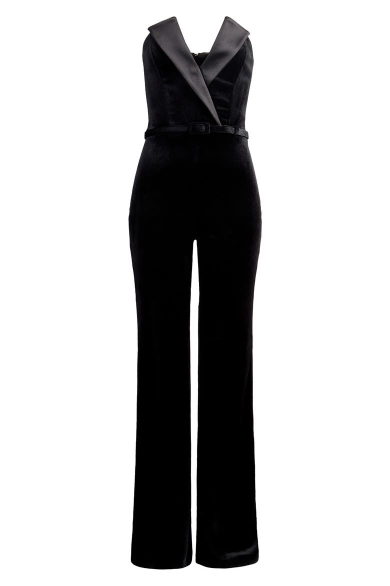 Vanessa Strapless Belted Velvet Flare Jumpsuit, Alternate, color, BLACK