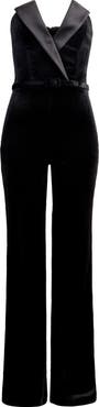 NADINE MERABI Vanessa Strapless Belted Velvet Flare Jumpsuit