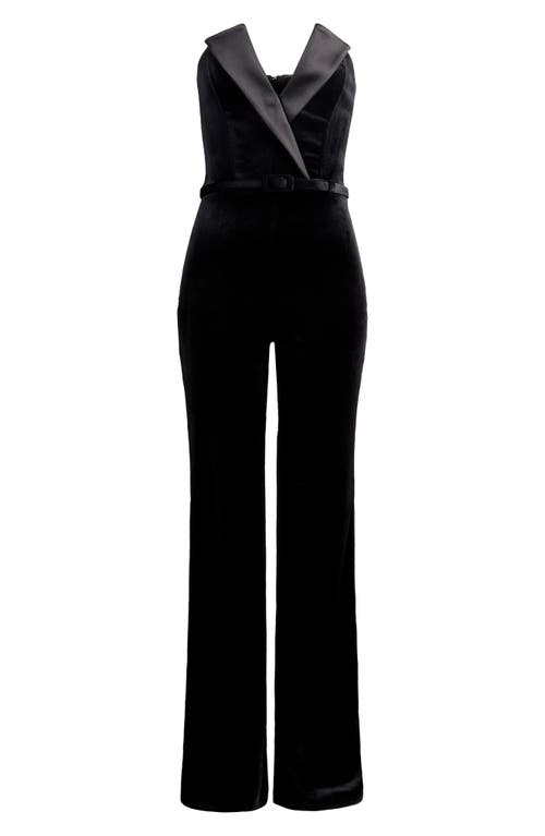 Nadine Merabi Vanessa Strapless Belted Velvet Flare Jumpsuit In Black