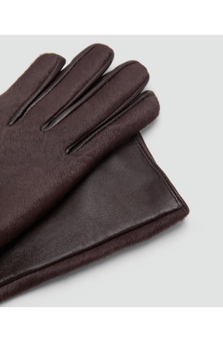 MANGO Long Leather Gloves with Faux Fur Trim, Alternate, color, Chocolate