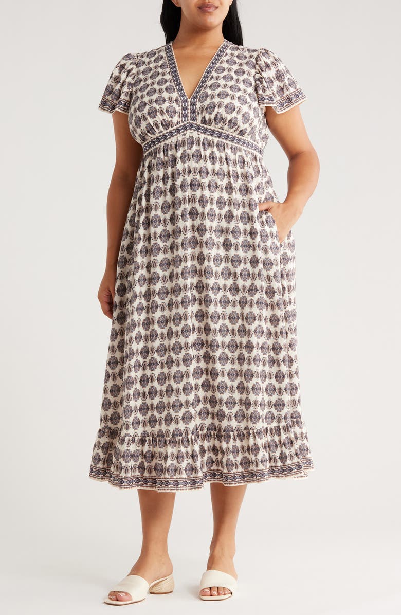 MAX STUDIO Flutter Sleeve V-Neck Dress, Main, color, Navy/ White Paisley Panache