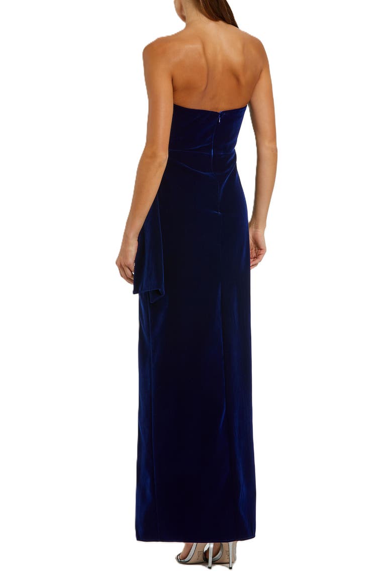 Women's Strapless High Slit Draped Velvet Gown, Alternate, color, Cobalt