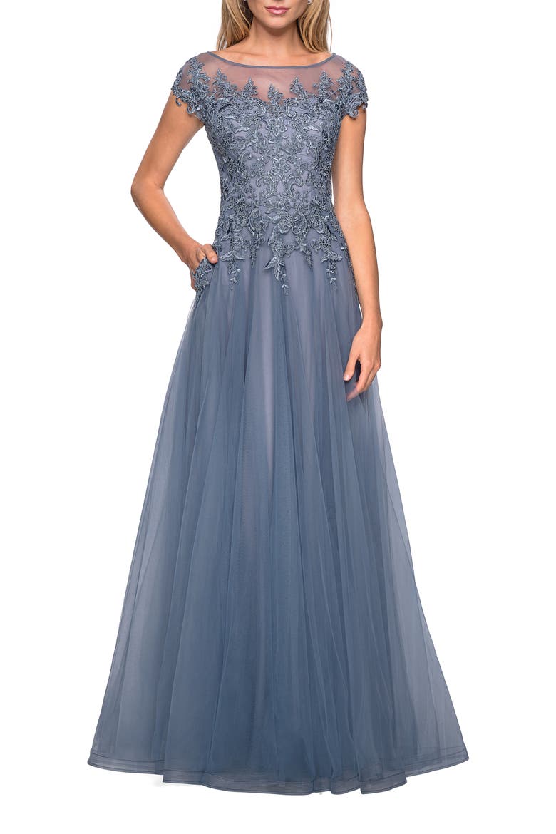 Long Tulle Gown with Lace Bodice and Pockets, Main, color, Smoky Blue