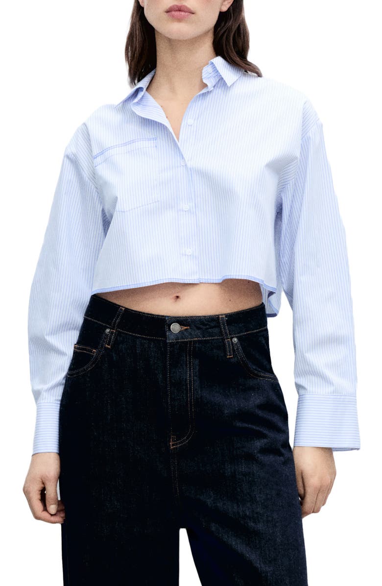 MANGO Stripe Long Sleeve Crop Poplin Button-Up Shirt, Main, color,