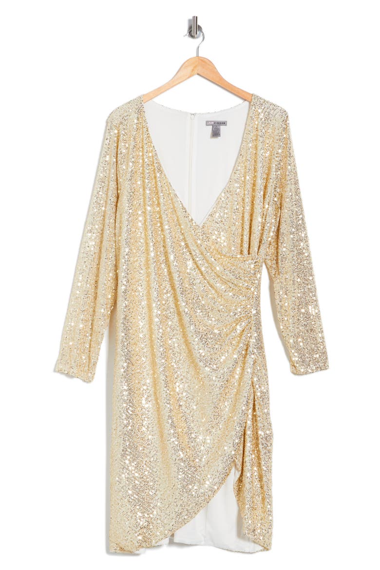 Frances Sequin Side Ruched Wrap Mini Dress, Alternate, color, GOLD/ IVORY