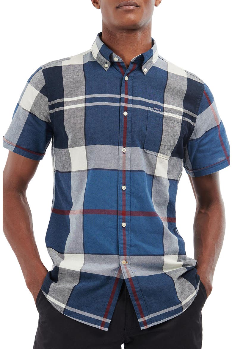Men's Douglas Tailored Fit Plaid Short Sleeve Cotton & Linen Button-Down Shirt, Main, color, SUMMER NAVY