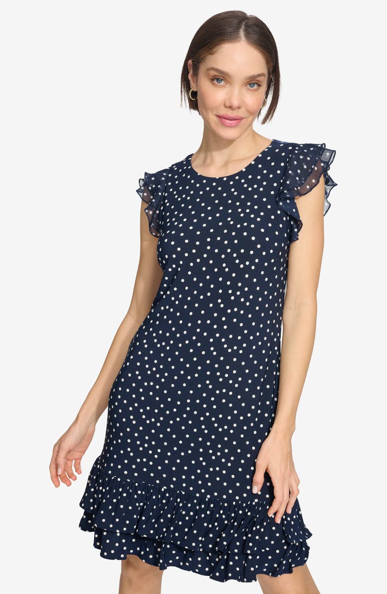 Tommy Hilfiger Chiffon Flutter Sleeve Dress, Alternate, color, Sky Captain/ Ivory