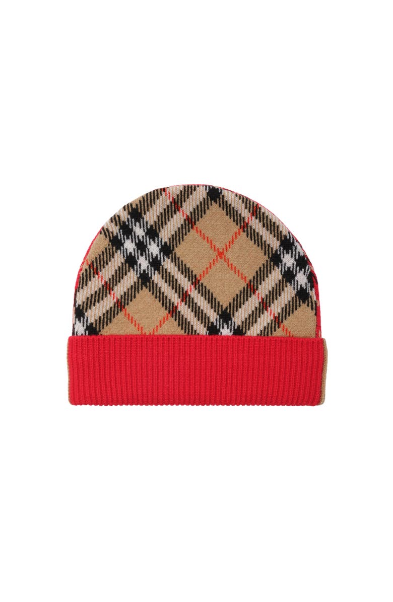 Burberry Check Wool Beanie, Alternate, color, Crayon Red