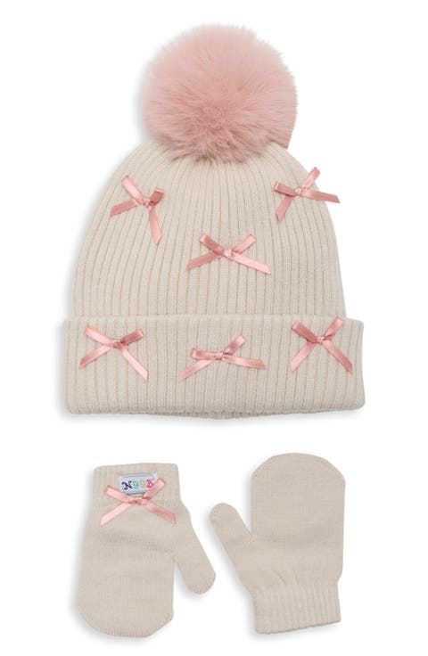 Kids' Bow Beanie and Mittens Set