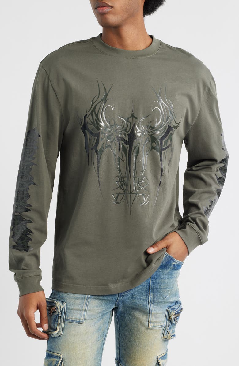 RtA Lawrence Cyber Sigilism Long Sleeve Graphic T-Shirt, Main, color, Olive Cyber Sigilism