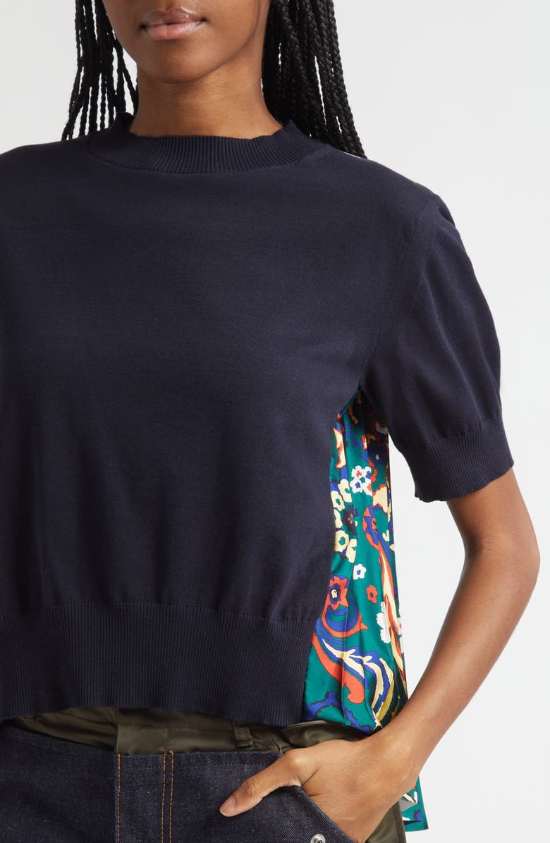 Sacai Short Sleeve Mixed Media Sweater, Alternate, color, Navy/ Green