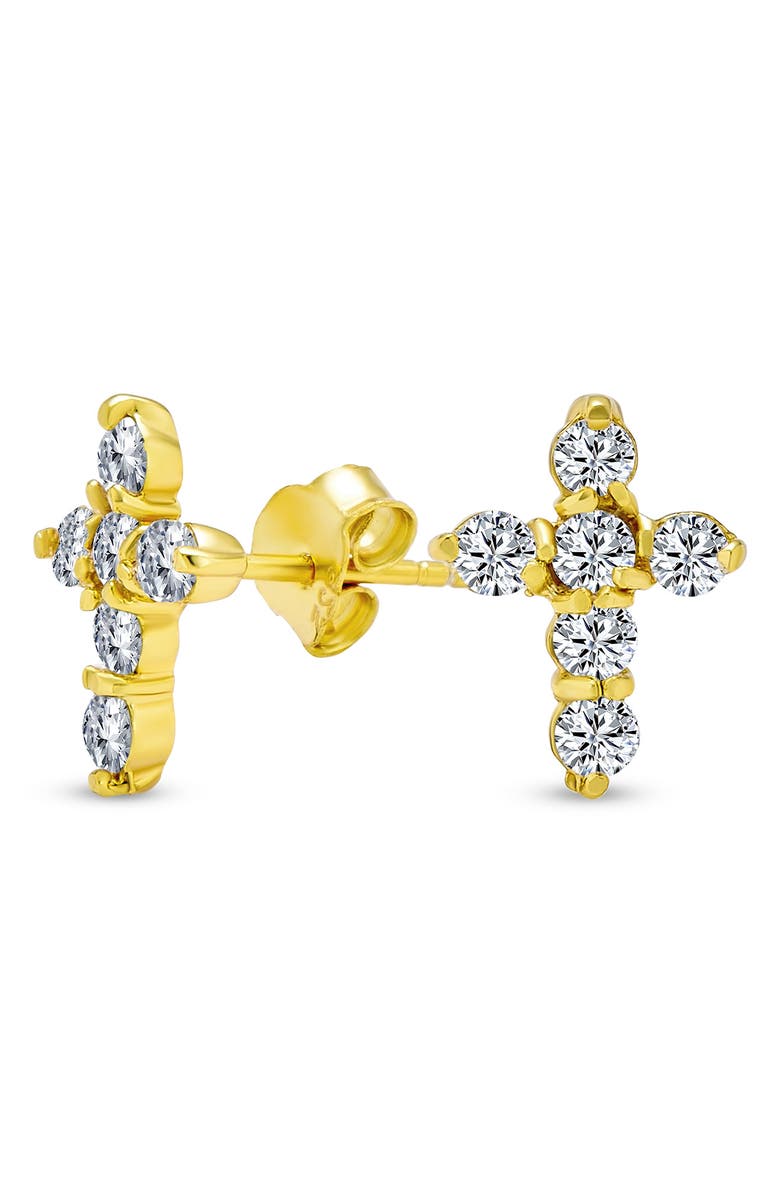 BLING JEWELRY Gold Plated Sterling Silver Tiny Cubic Zirconia Cross Stud Earrings, Alternate, color, Gold