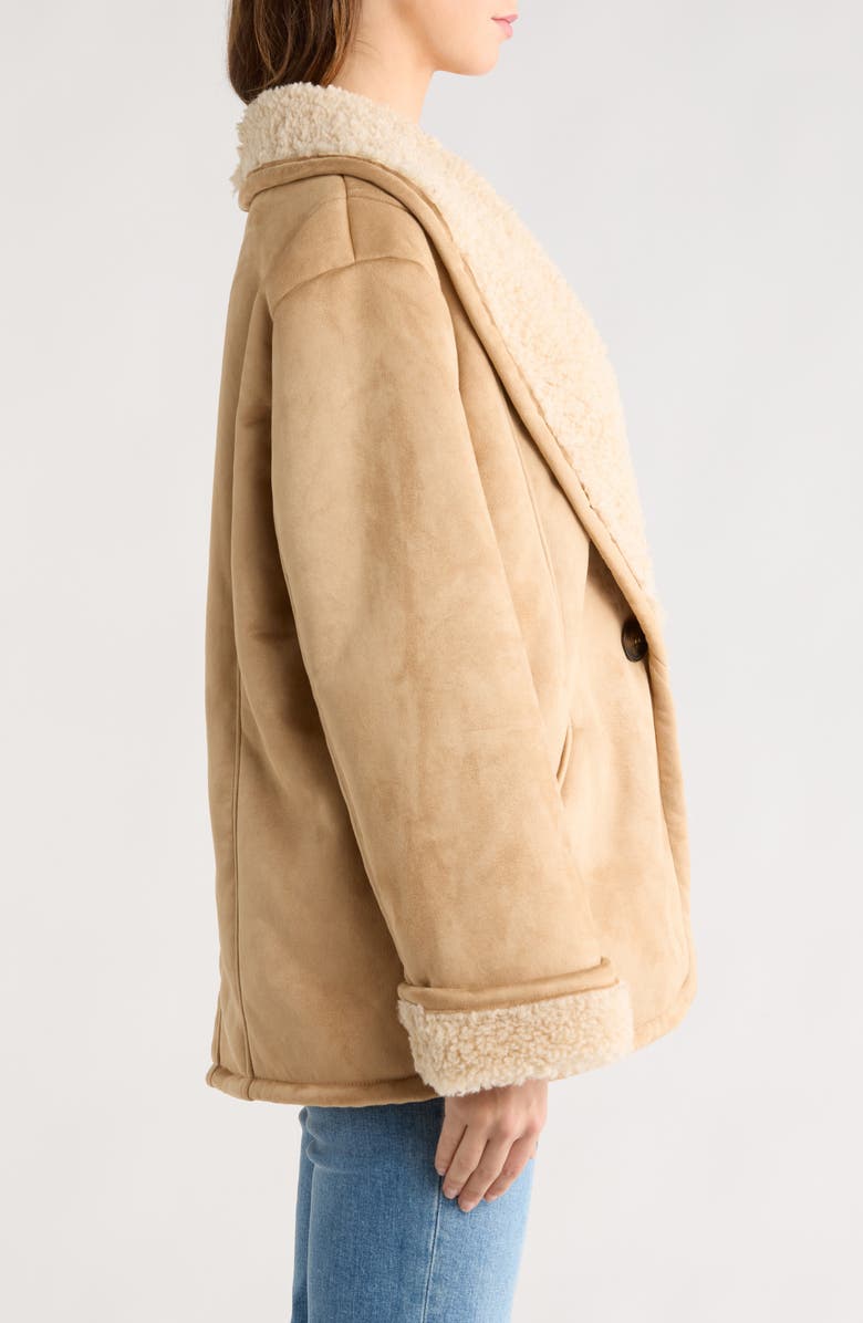 ASOS DESIGN Faux Shearling Shawl Collar Aviator Jacket, Alternate, color, Brown